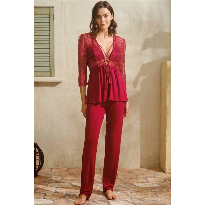 Vipmarketim Kadın Viskon Dantelli Sabahlık Yaka Detaylı Sırt Dekolteli Bustiyer Sütyen Ve Pantolon Pijama 3lü Takım ( ) (kod:5767)
