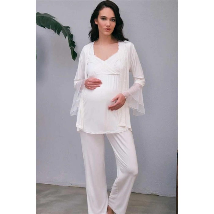 Vipmarketim Kadın Viskon Hamile Lohusa Dantelli Sabahlık Önden Açılan Emzirme T-shirt Ve Pantolon Pijama 3lü Takım ( ) (kod:5648)