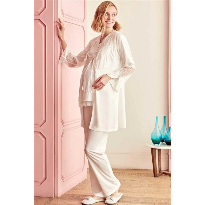 VipMarketim Kadın Viskon Hamile Lohusa Dantelli Sabahlık Önden Açılan Emzirme T-Shirt Ve Pantolon Pijama 3Lü Takım ( ) (Kod:5511)