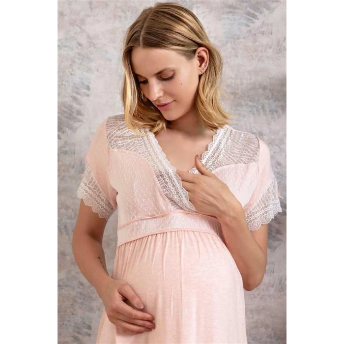 VipMarketim Kadın Viskon Hamile Lohusa Dantelli Sabahlık Ve Önden Açılan Emzirme Uzun Gecelik Elbise Takım ( ) (Kod:5508)