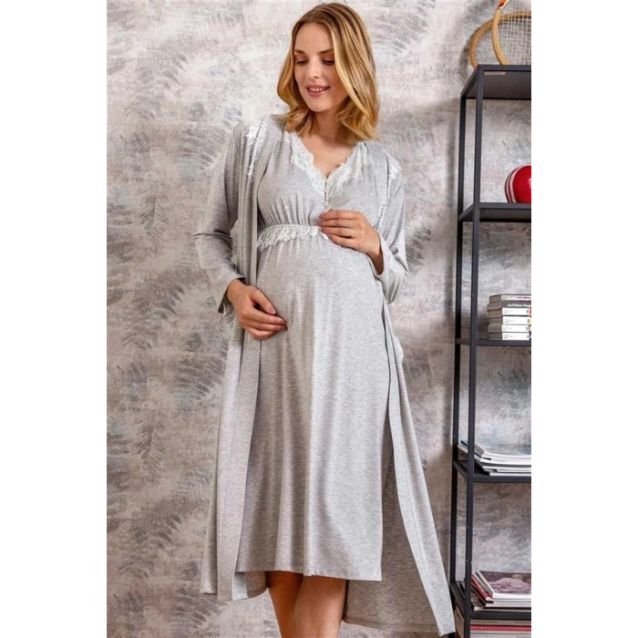 VipMarketim Kadın Viskon Hamile Lohusa Dantelli Sabahlık Ve Önden Açılan Emzirme Uzun Gecelik Elbise Takım ( ) (Kod:5546)
