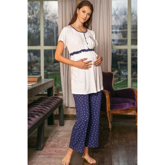 Vipmarketim Kadın Viskon Önden Açılan Göğüs İşlemeli Kısa Kol Dantelli Emzirme T-shirt Ve Kalp Baskılı Pantolon Pijama Takım ( ) (kod:9661)