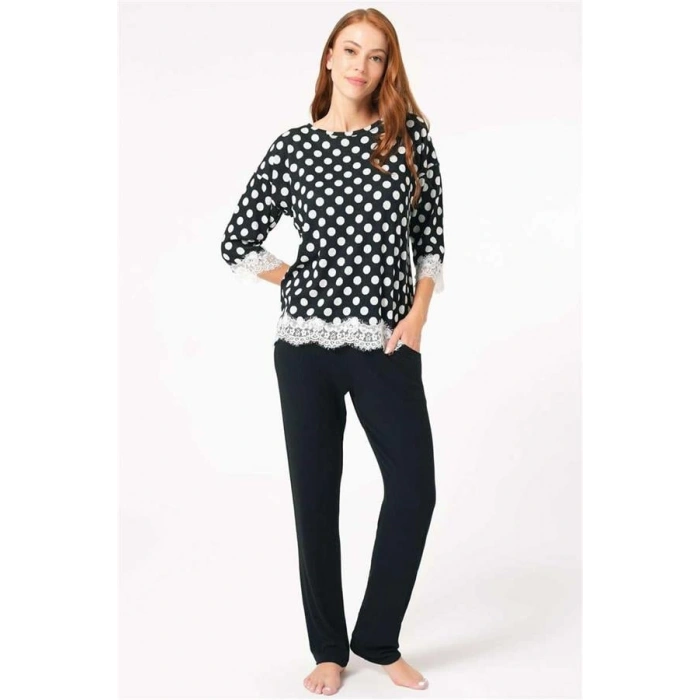 Vipmarketim Kadın Viskon Puantiyeli Uzun Kol Dantelli Sweatshirt Ve Pantolon Pijama Takım ( ) (kod:9760)