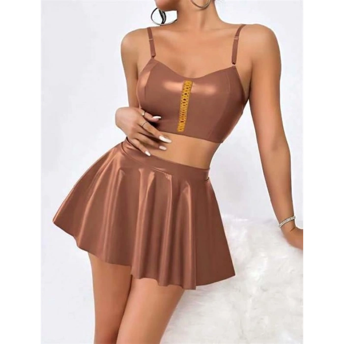 VipMarketim  Kahverengi Etekli Fantezi Deri Şık Elbise