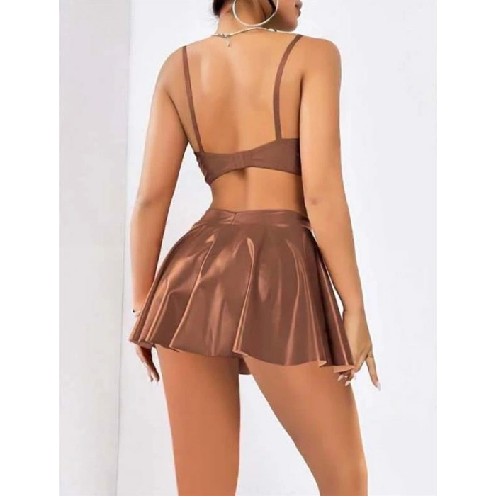 VipMarketim  Kahverengi Etekli Fantezi Deri Şık Elbise