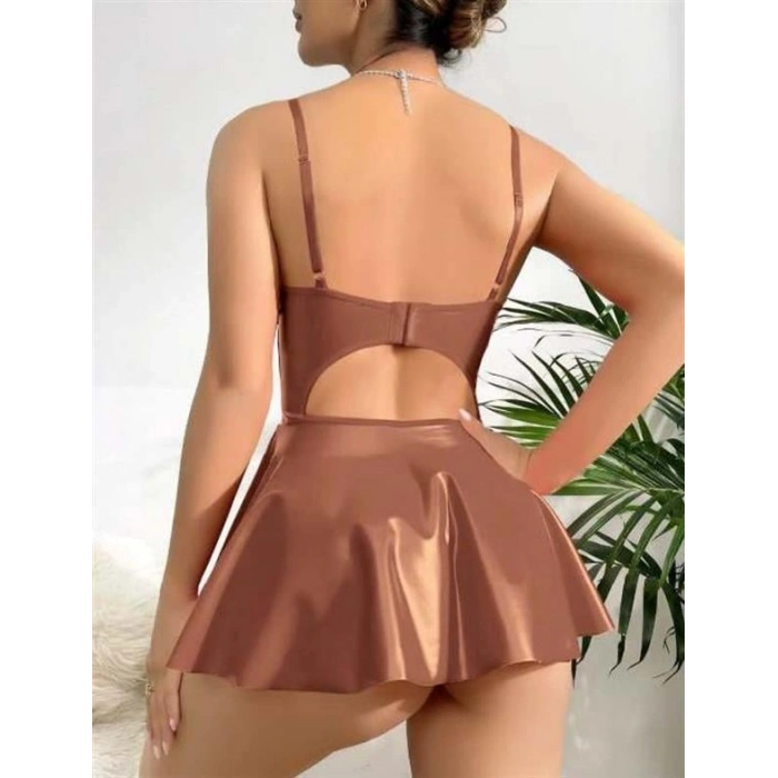 VipMarketim  Kahverengi Parlak Lame Fantezi Deri Elbise