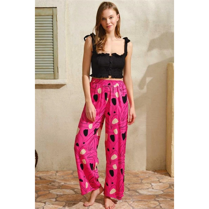 Vipmarketim Kalın Askılı Kadın Viskon Çiçek Desenli Sırt Aksesuarlı Yazlık Dantel Detaylı Pijama Altı Anıl (kod:9818)