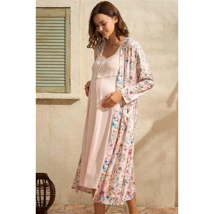 VipMarketim Kalın Askılı Oyuk U Yaka Kadın Çiçek Desenli Yazlık Dantel Detaylı Hamile Gecelik Sabahlık Anıl (Kod:5772)