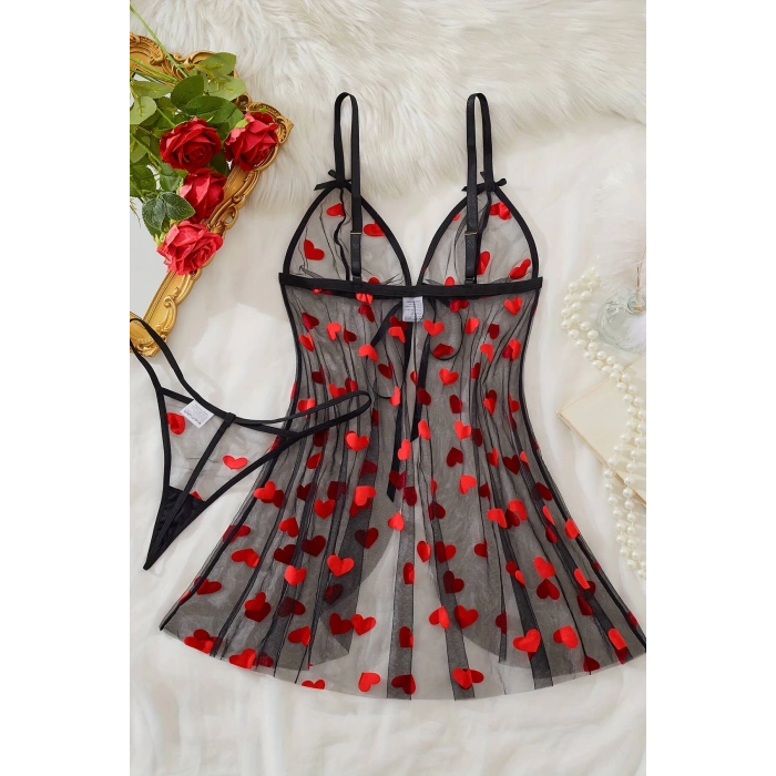 VipMarketim Kalp Desenli Siyah Transparan Gecelik TM1378