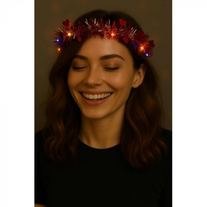 VipMarketim Kalp Püsküllü Gece Parıltısı 3 Modlu LEDli Işıklı Taç Kırmızı Renk