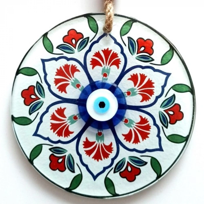 VipMarketim Karanfil Desenli Nazar Boncuklu Füzyon Cam Duvar Süsü