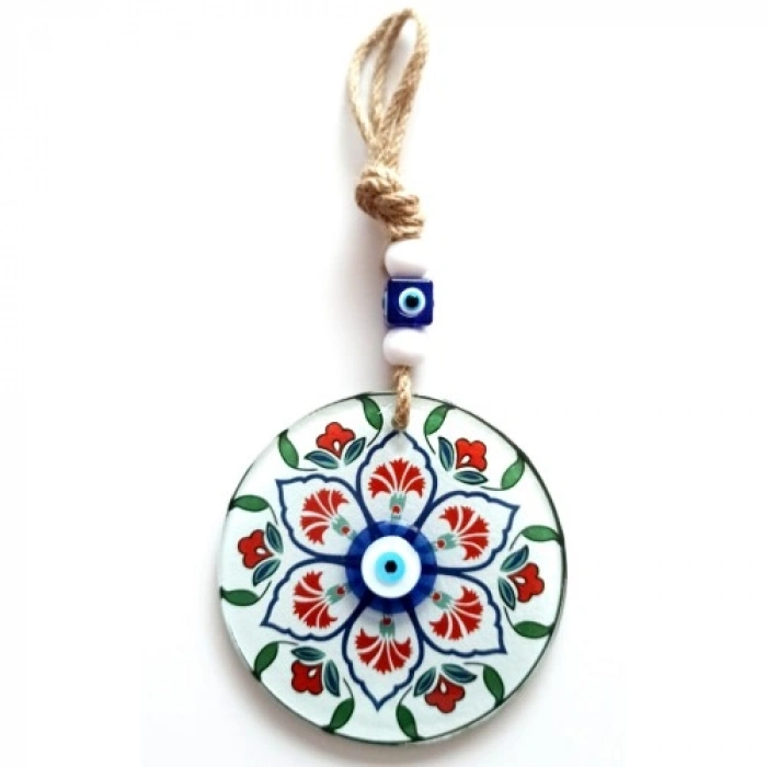 VipMarketim Karanfil Desenli Nazar Boncuklu Füzyon Cam Duvar Süsü