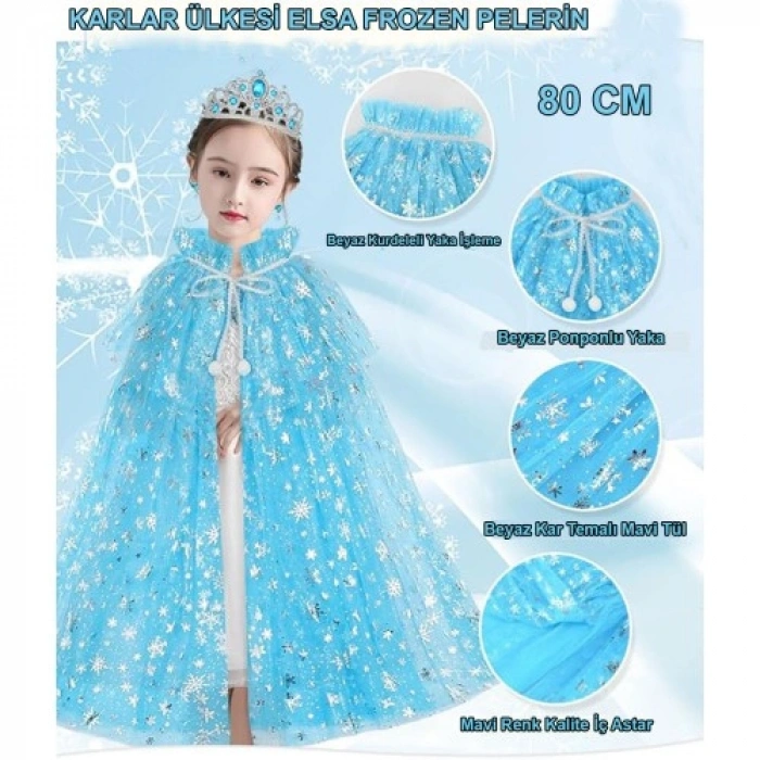 VipMarketim Karlar Ülkesi Elsa Frozen Mavi Pelerin – 80 cm Kar Desenli Çocuk Pelerini ( Taç Hariç )