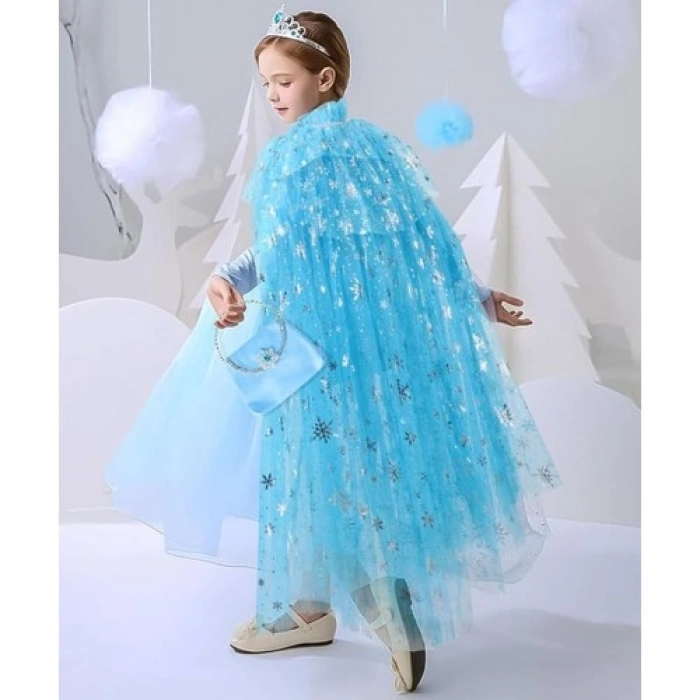 VipMarketim Karlar Ülkesi Elsa Frozen Mavi Pelerin – 80 cm Kar Desenli Çocuk Pelerini ( Taç Hariç )