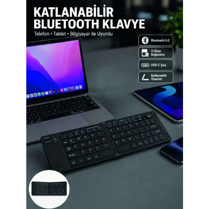 VipMarketim Katlanabilir Bluetooth Klavye 3 Cihaz Bağlantılı Kablosuz Taşınabilir Klavye