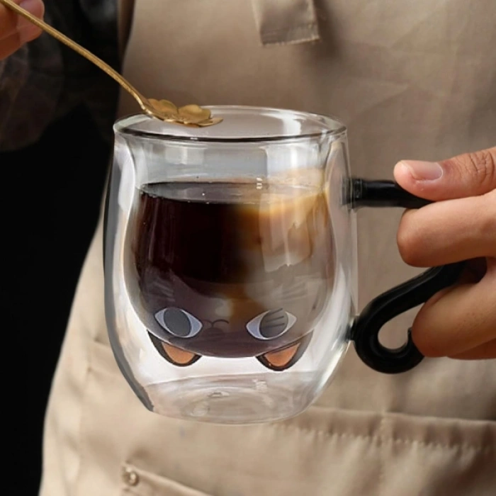 VipMarketim Kedi Figürlü Çift Cidarlı Cam Bardak