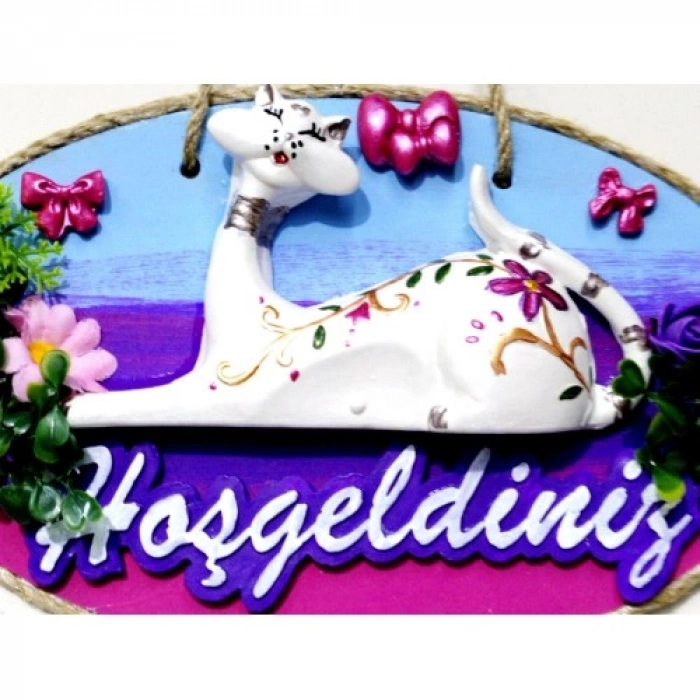 VipMarketim Kedi Figürlü Hoşgeldiniz Yazılı El Boyaması Renkli Kapı Süsü