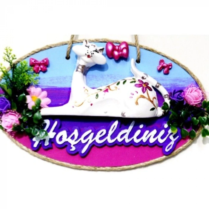 VipMarketim Kedi Figürlü Hoşgeldiniz Yazılı El Boyaması Renkli Kapı Süsü