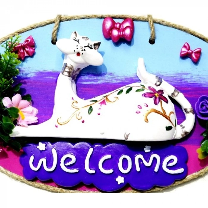 VipMarketim Kedi Figürlü Welcome Yazılı El Yapımı Kapı Süsü