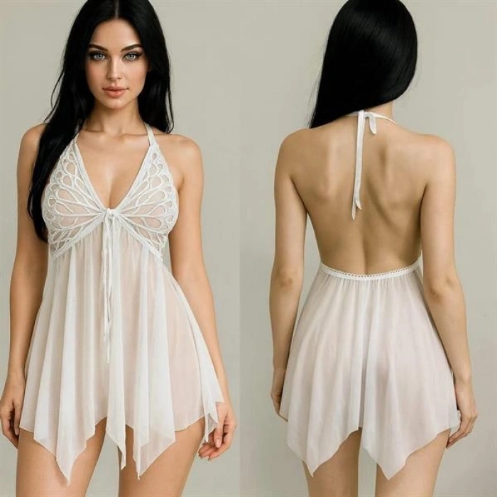 VipMarketim  Kelebek Görünümlü Fantezi Tül Beyaz Gecelik