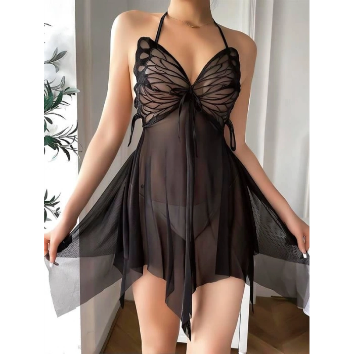 VipMarketim  Kelebek Görünümlü Fantezi Tül Siyah Gecelik
