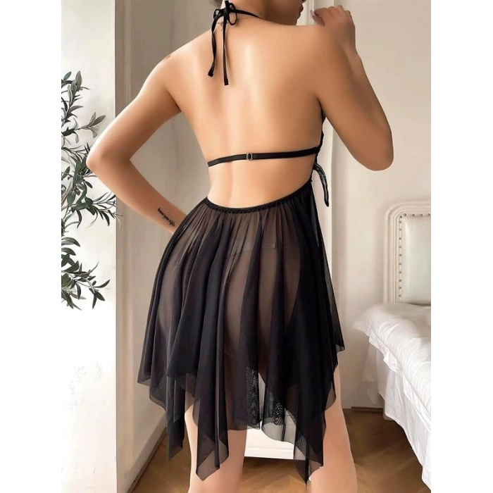 VipMarketim Kelebek Görünümlü Fantezi Tül Siyah Gecelik