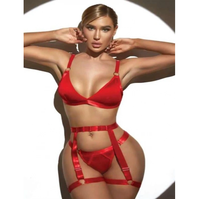 VipMarketim  Kırmızı Bacak Aksesuarlı Fantezi Jartiyer Takım