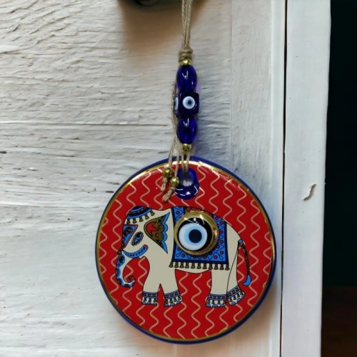 VipMarketim Kırmızı Bereket Getiren Filli Nazar Boncuklu Duvar Süsü Cam Duvar Dekoru