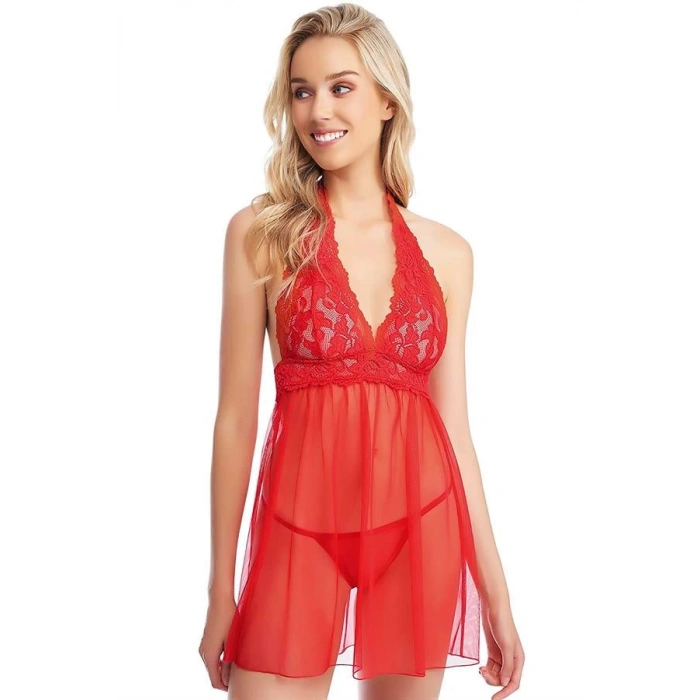 Vipmarketim Kırmızı Boyundan Bağlamalı Dantel İşlemeli Fantezi Tül Gecelik