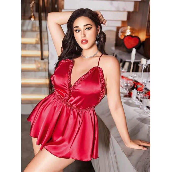 VipMarketim  Kırmızı Büyük Beden Saten Babydoll Gecelik