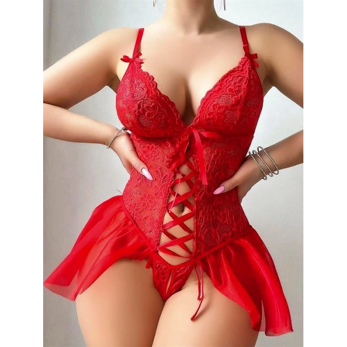 Vipmarketim Kırmızı Dantel Detaylı Önü Dekolteli Fantezi Babydoll
