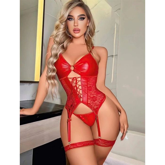VipMarketim  Kırmızı Dantel İşlemeli Büstiyerli Fantezi Deri Jartiyer Takımı