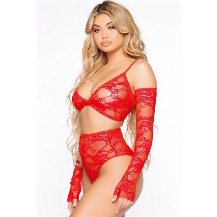 Vipmarketim Kırmızı Dantel İşlemeli Eldivenli Fantezi Sütyen Külot Takımı