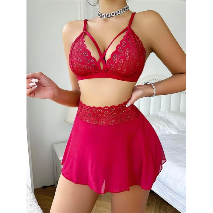 Vipmarketim Kırmızı Dantel İşlemeli Etekli Fantezi Sütyen Takımı