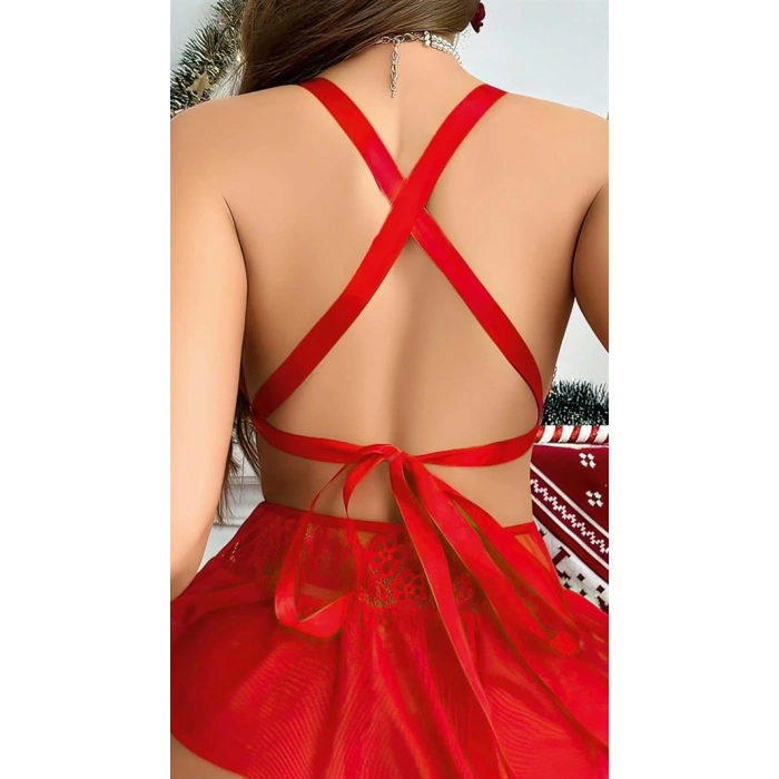 VipMarketim  Kırmızı Dantel İşlemeli Etekli Sütyen Fantezi Takım