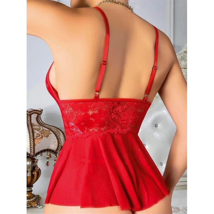 VipMarketim  Kırmızı Dantel İşlemeli Fantezi Body Gecelik