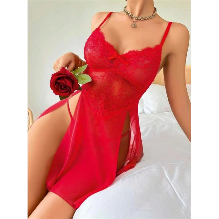 VipMarketim Kırmızı Dantel İşlemeli Fiyonk Detaylı Yanları Dekolteli Fantezi Gecelik