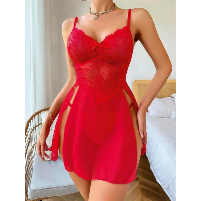 VipMarketim Kırmızı Dantel İşlemeli Fiyonk Detaylı Yanları Dekolteli Fantezi Gecelik