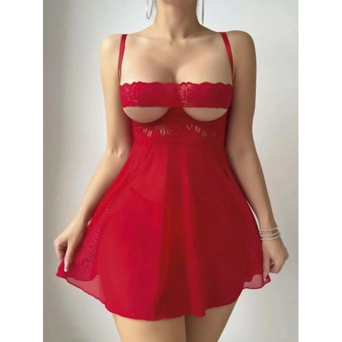VipMarketim  Kırmızı Dantel İşlemeli Göğüs Dekolteli Fantezi String Tül Gecelik Takımı