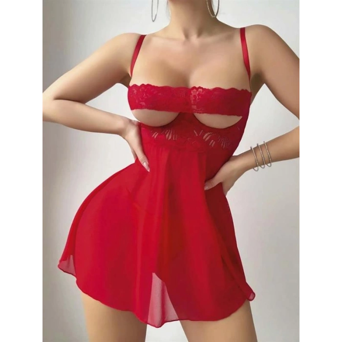 VipMarketim Kırmızı Dantel İşlemeli Göğüs Dekolteli Fantezi String Tül Gecelik Takımı