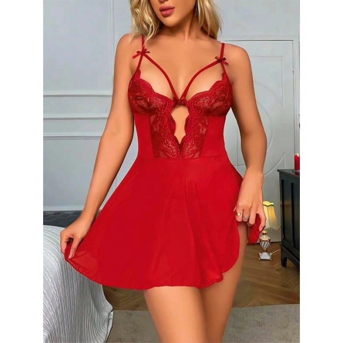 VipMarketim  Kırmızı Dantel İşlemeli Göğüs İp Detaylı Fantezi Tül Gecelik Takımı