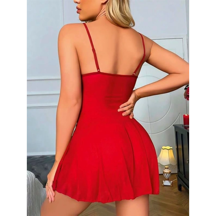 VipMarketim Kırmızı Dantel İşlemeli Göğüs İp Detaylı Fantezi Tül Gecelik Takımı