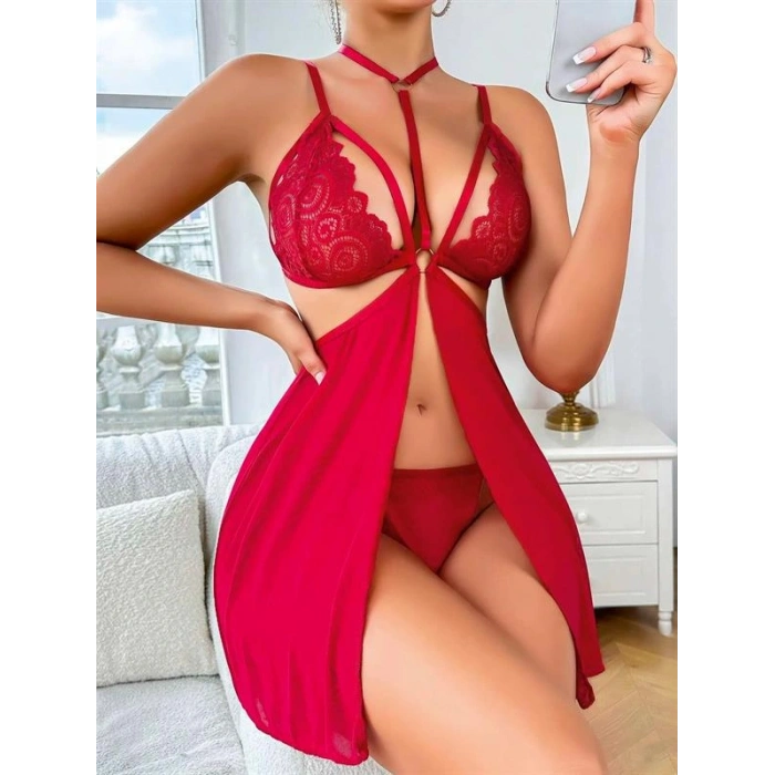 VipMarketim  Kırmızı Dantel İşlemeli İp Detaylı Dekolteli Fantezi Tül Gecelik