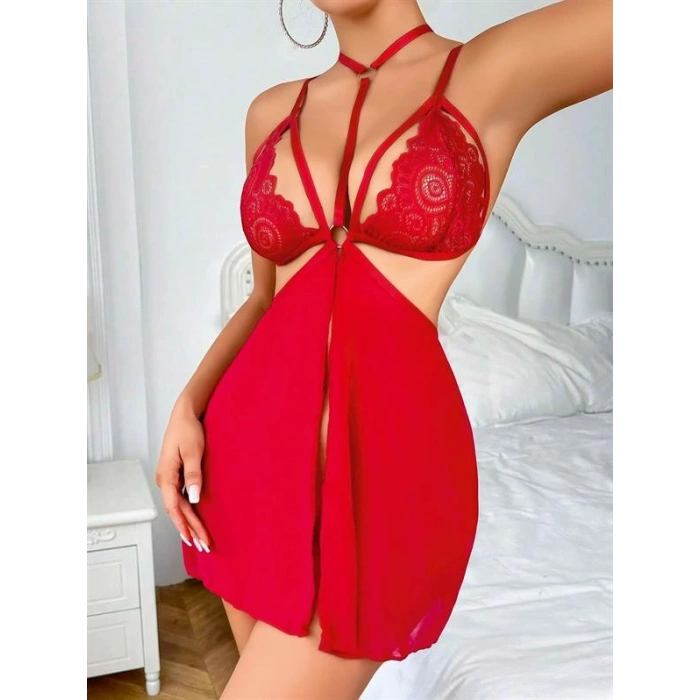 VipMarketim Kırmızı Dantel İşlemeli İp Detaylı Dekolteli Fantezi Tül Gecelik