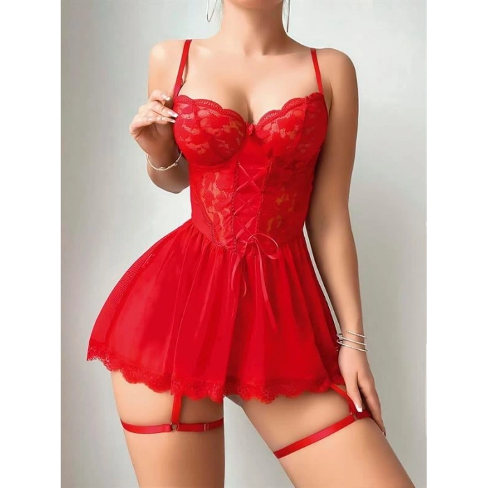 Vipmarketim Kırmızı Dantel İşlemeli Jartiyerli Fantezi Şık Gecelik