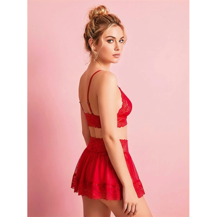 VipMarketim Kırmızı Dantel İşlemeli Kurdelalı Büstiyer Etek Takımı