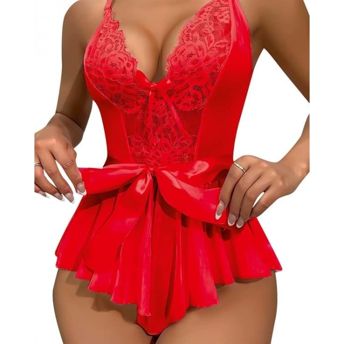 VipMarketim  Kırmızı Dantel İşlemeli Kurdelalı Fantezi Tül Babydoll