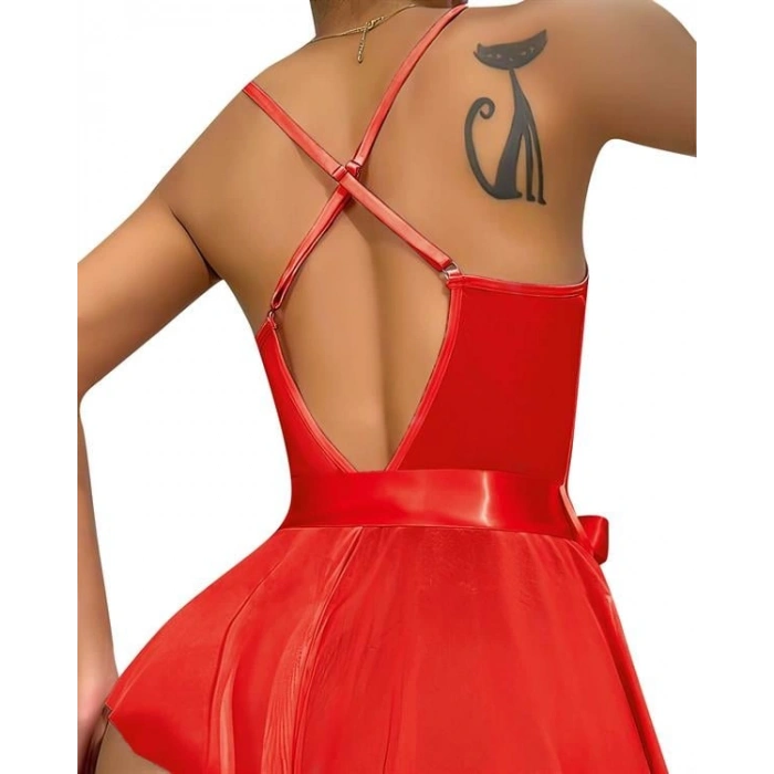 VipMarketim  Kırmızı Dantel İşlemeli Kurdelalı Fantezi Tül Babydoll