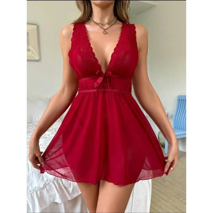 VipMarketim  Kırmızı Dantel İşlemeli Tül Fantezi Gecelik