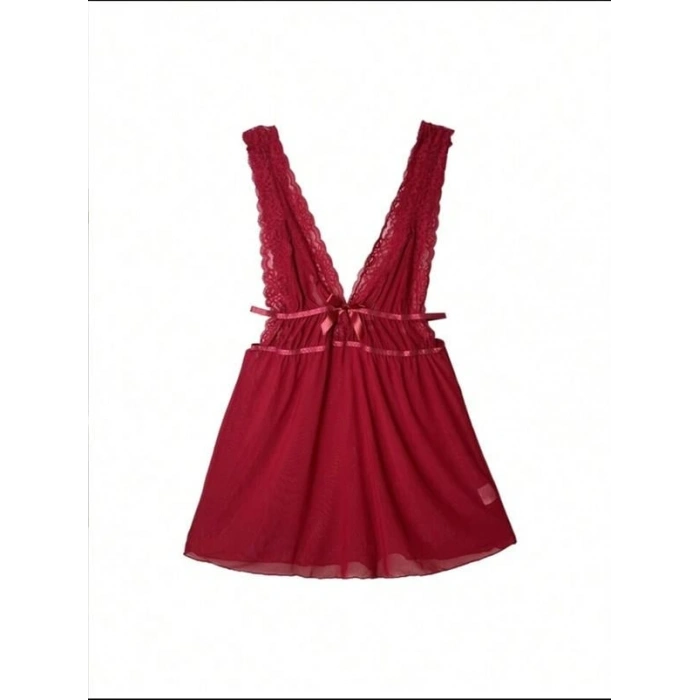 VipMarketim  Kırmızı Dantel İşlemeli Tül Fantezi Gecelik